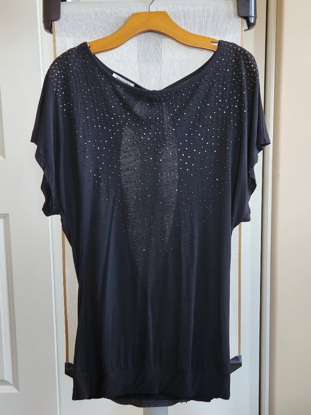 Paris Paris NWT Goddess Top Rhinestone Embellished Open Wrap Back Black Blouse M